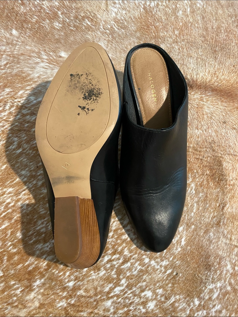 Women's Halogen  Black Leather Slip-On Mule with Wood Block Heel size 7.5 - Picture 3 of 4